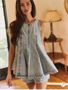 Free People Cassius Denim Set Tunic Top Mini Dress & Shorts Small NWT Bleachout